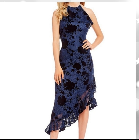 Gianni Bini asymmetrical navy blue dress 10 halter lace wedding party designer - Picture 2 of 3